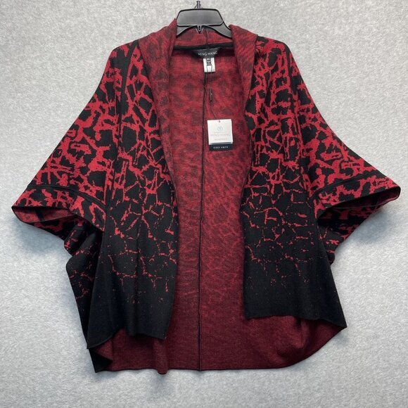 Ming Wang Cardigan Sweater Womens S/M Poncho Red Black Knit Wrap Short Sleeve - Picture 1 of 12